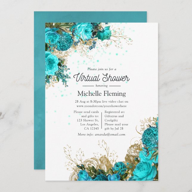 Vintage Turquoise and Gold Virtual Baby Shower Invitation (Front/Back)