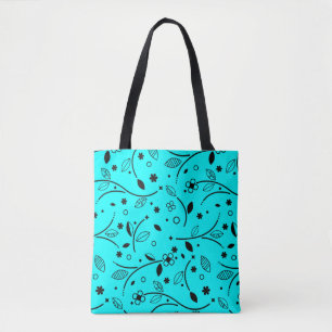 Vintage Turquoise Black Floral Line Art Tote Bag