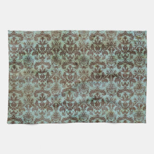 Vintage Turquoise Blue Brown Damask Pattern Tea Towel