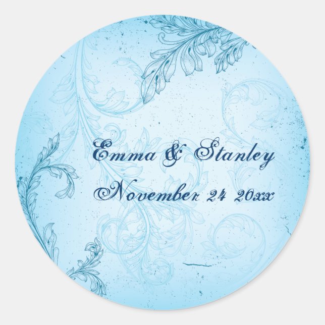 Vintage turquoise blue scroll leaf wedding classic round sticker (Front)