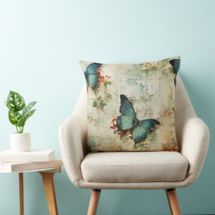 Vintage Turquoise Butterflies Rustic Floral Cushion