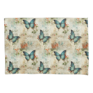 Vintage Turquoise Butterflies Rustic Floral Pillowcase