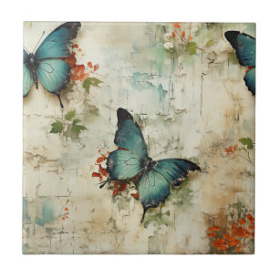 Vintage Turquoise Butterflies Rustic Floral Tile
