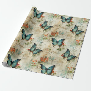 Vintage Turquoise Butterflies Rustic Floral Wrapping Paper