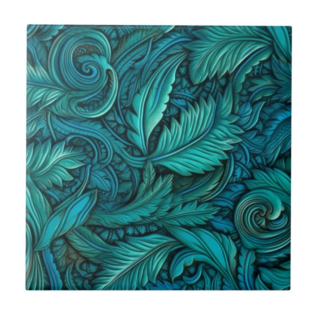 Vintage Turquoise Embossed leather Tile (Front)