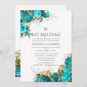 Vintage Turquoise & Gold Shabby Floral Bat Mitzvah Invitation