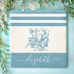 Vintage turquoise octopus beach house script name  stone coaster<br><div class="desc">Feel the coastal vibes and relax with your favourite beverage, all while protecting your furniture, with this beautiful, chic, simple, vintage, custom monogram name stone coaster. A graphic, teal blue vintage octopus overlays a white background accented with nautical teal blue stripes. Personalise with your name. Makes a stylish statement every...</div>