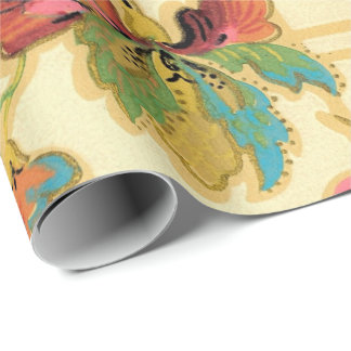 Vintage Turquoise Orange Floral Wallpaper Pattern Wrapping Paper