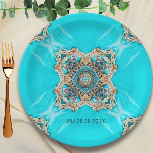 vintage turquoise pattern bohemian wedding favour paper plate (vintage turquoise pattern bohemian wedding favor paper plates)