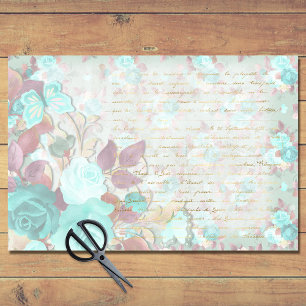 Vintage Turquoise Rose Handwriting Decoupage Paper