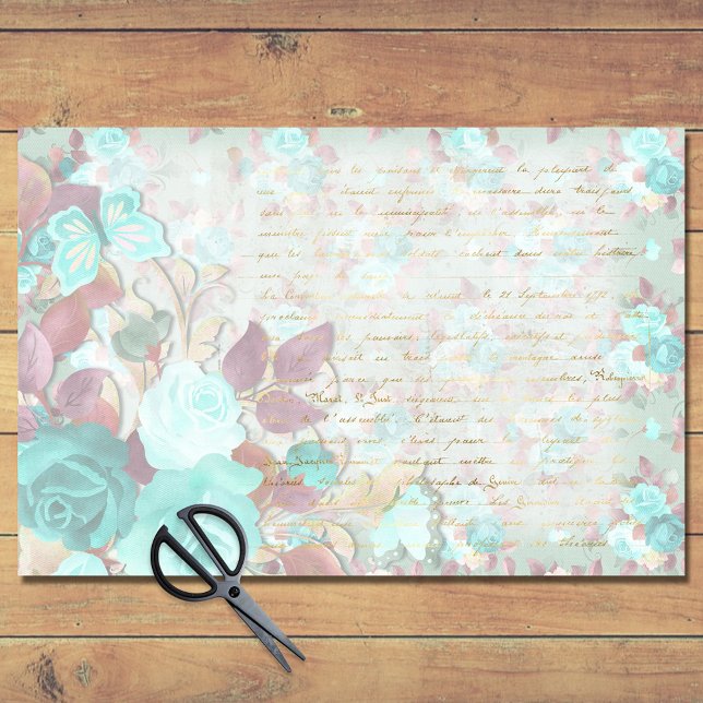 Vintage Turquoise Rose Handwriting Decoupage Paper (Creator Uploaded)