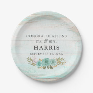 Vintage Turquoise Rustic Wood Floral Roses Wedding Paper Plate