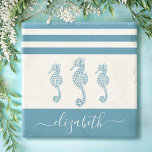 Vintage turquoise seahorse beach house script name stone coaster<br><div class="desc">Feel the coastal vibes and relax with your favourite beverage, all while protecting your furniture, with this beautiful, chic, simple, vintage, custom monogram name stone coaster. Three graphic, teal blue vintage seahorses overlays a white background accented with nautical teal blue stripes. Personalise with your name. Makes a stylish statement every...</div>