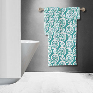 Vintage Turquoise & White Fern Leaf Curls Swirls Bath Towel Set