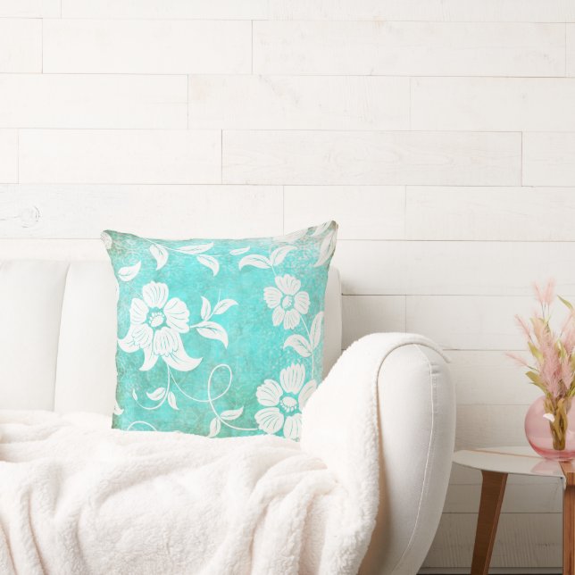 Vintage Turquoise White Flowers Cushion (Couch)
