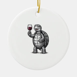 Vintage Turtle Holding Wine Glass Shirt Design_1 Ceramic Tree Decoration