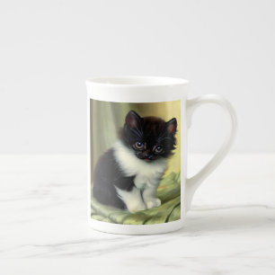 Vintage Tuxedo Kitten Illustration Bone China Mug