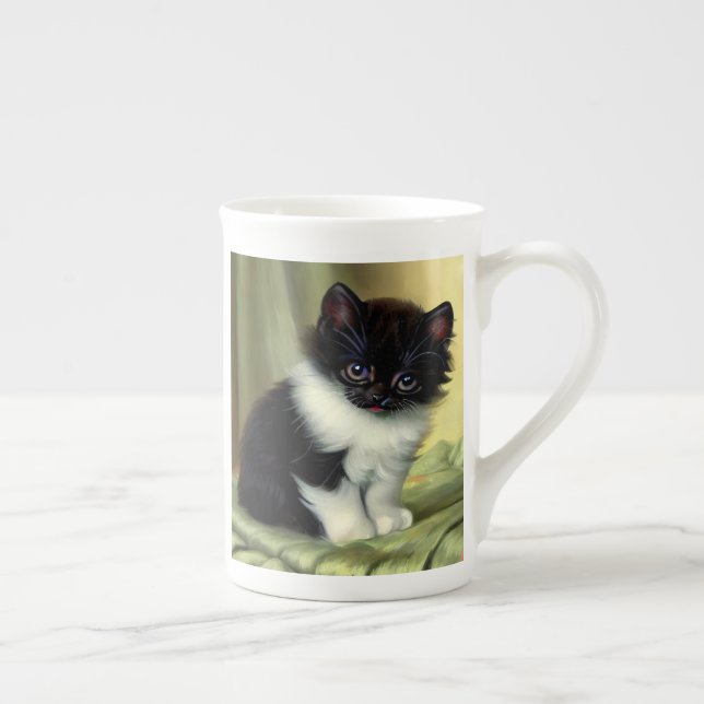 Vintage Tuxedo Kitten Illustration Bone China Mug (Right)