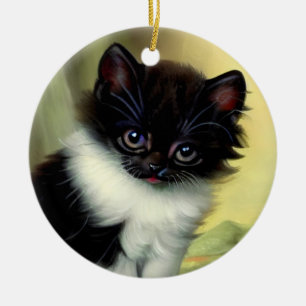 Vintage Tuxedo Kitten Illustration Ceramic Tree Decoration