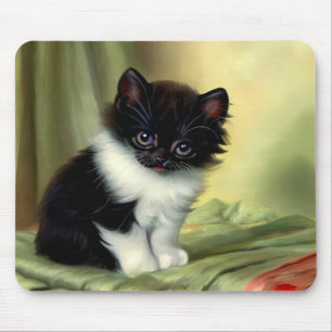 Vintage Tuxedo Kitten Illustration Mouse Pad