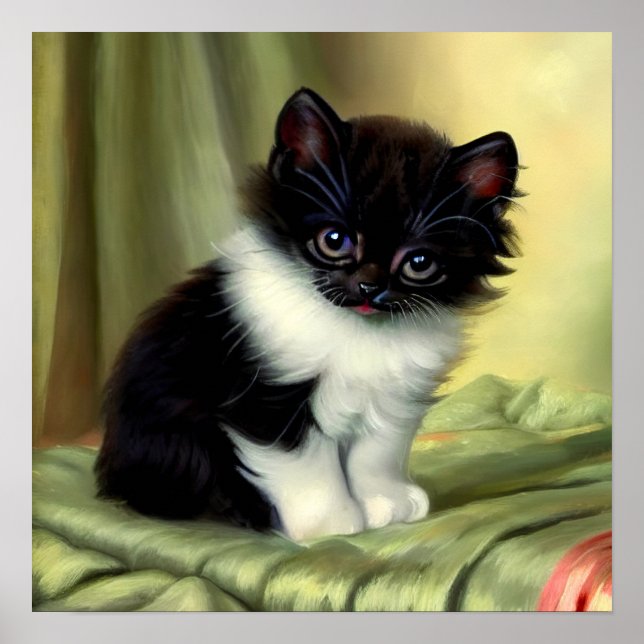 Vintage Tuxedo Kitten Illustration Poster (Front)