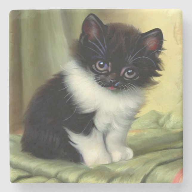 Vintage Tuxedo Kitten Illustration Stone Coaster (Front)