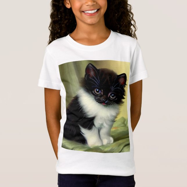 Vintage Tuxedo Kitten Illustration T-Shirt (Front)