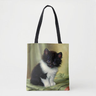 Vintage Tuxedo Kitten Illustration Tote Bag