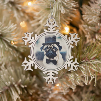 Vintage Tuxedo Pug Snowflake Pewter Christmas Ornament