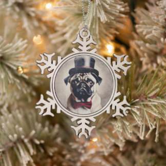 Vintage Tuxedo Pug Snowflake Pewter Christmas Ornament