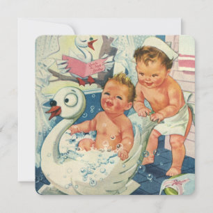 Vintage Twin Boy Swan Bubble Bath Baby Shower Invitation