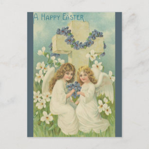 Vintage Two Angels With Cross Blue Flowers Easter Postcard
