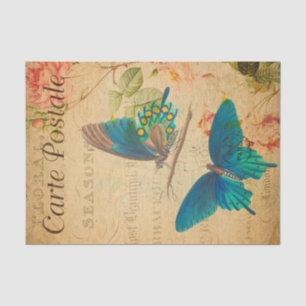 Vintage Two Blue butterflies Floral Flowers French Tissue Paper