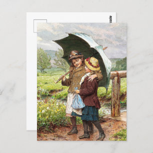 Vintage Two Girls Under an Umbrella    Postcard