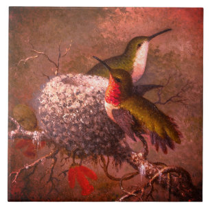 Vintage Two Ruby Throat Hummingbirds & Nest Tile