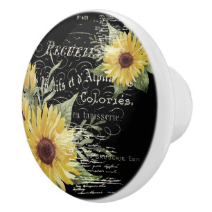 Vintage typography and sunflowers on black  ceramic knob