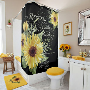 Vintage typography and sunflowers on black  shower curtain