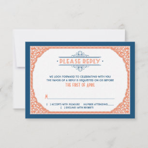 Vintage Typography Navy Blue Coral Wedding RSVP Card
