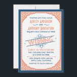 Vintage Typography Navy Blue Coral White Wedding Invitation<br><div class="desc">Vintage typography and floral scroll border navy or marine blue, coral orange, and white wedding invitation. The design features vintage or retro fonts and typography. A unique design for vintage or retro style wedding. Would work for a wedding in the spring or summer. You can personalise all the text except...</div>