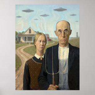 Vintage UFO Alien Parody American Gothic Poster