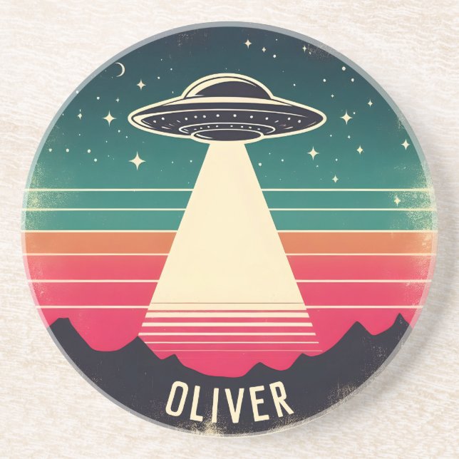 Vintage UFO at Sunset Personalised Coaster (Front)