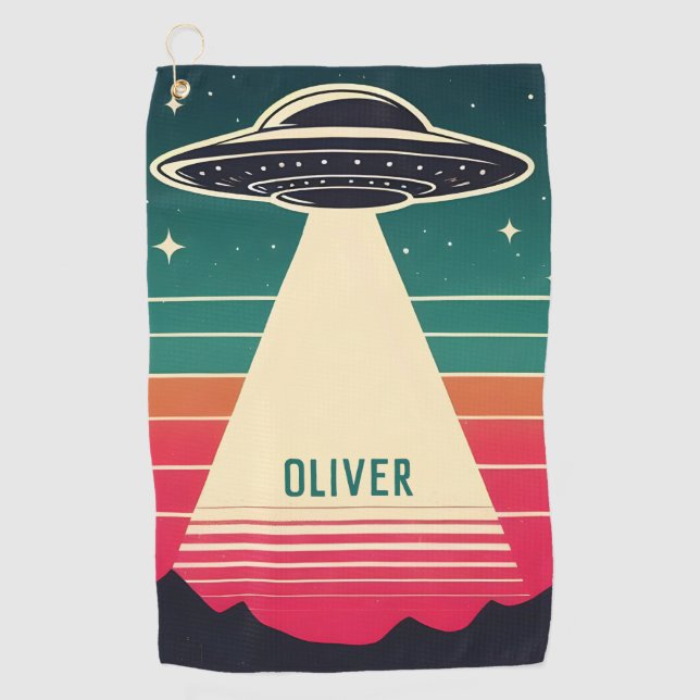 Vintage UFO at Sunset Personalised Golf Towel (Front)