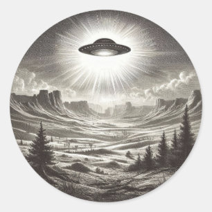 Vintage UFO Over Desert Flying Saucer Aliens Classic Round Sticker