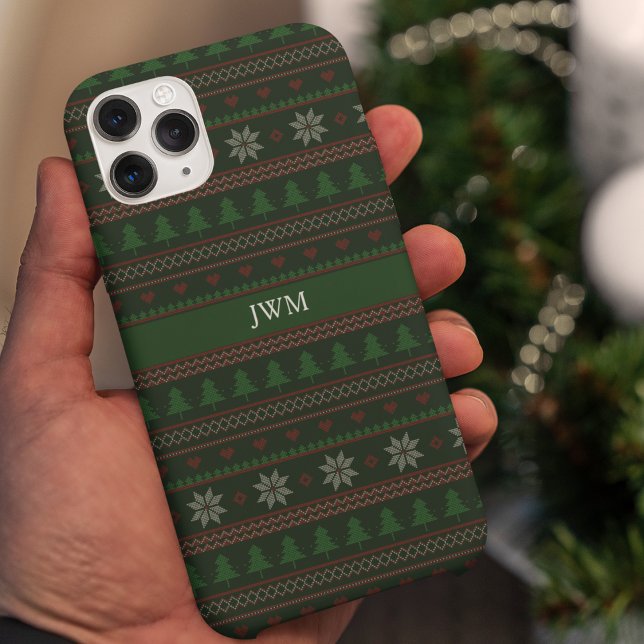 Vintage Ugly Christmas Sweater Green Monogram iPhone Case (Creator Uploaded)