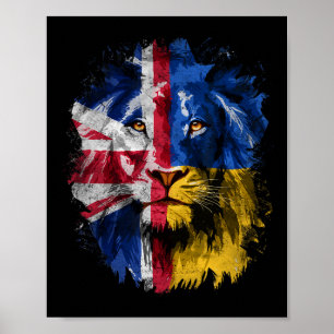 Vintage Uk And Ukraine Flag Lion Face Ukrainian Br Poster