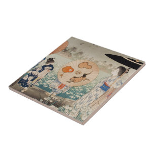 Vintage ukiyo-e japanese ladies with umbrella art tile