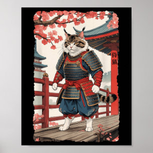 Vintage Ukiyo-e Samurai Cat In Kimono Sumi-e Ninja Poster