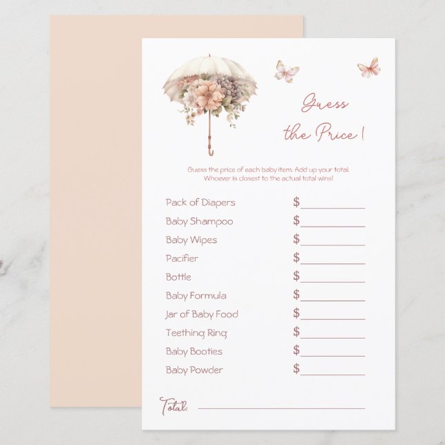 Vintage Umbrella Pink Baby Shower Price Guess (Front/Back)