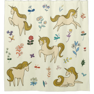 Vintage unicorn in forest flowers colour illustrat shower curtain