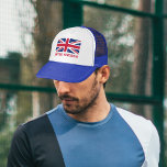 Vintage Union Jack (W/Red "United Kingdom" Text) Trucker Hat<br><div class="desc">Wear the Union Jack wherever you are with this stylish cap! Features a vintage/worn UK Flag design with the text "United Kingdom" underneath.

Text is red (other colours are available).</div>